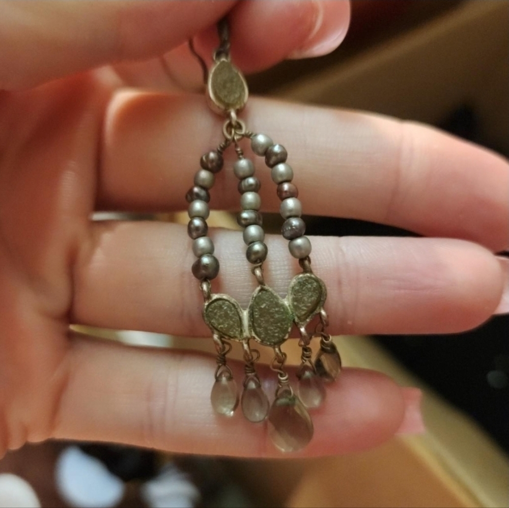 Elegant Gold Dangle Earrings With Pearl & Moldavite